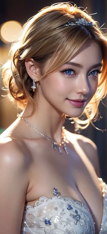 (((masterpiece)))、((Highest quality))、((超Realistic))、bride、wedding、Luxurious floral dresses、Lightly Dressed、necklace、Formal Wear、night景、illumination、blue eyes、blonde、short hair、Hair tied up、Full body photo、Sexy Face、short hair、 A look of complete lust、Mature Woman、perspective、Very detailed、The perfect temptation、Best image quality、Fine-grained image quality、beautiful、European women,Italian woman, smile、blue eyes、jewelry, Realistic, High resolution, Glowing Skin, (Detailed face), night, blonde, Wavy Hair,attractive appearance, smile,Japanese women、C cup
