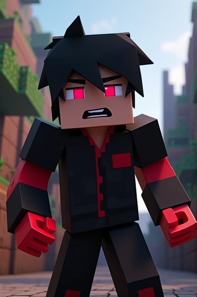 Gay male character with black hair, red eyes, and black clothes with red accents in Minecraft, who is jealous.