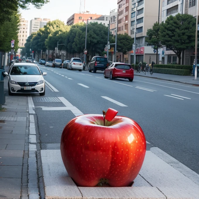 In the middle of the roundabout in the center of the city is a red apple-shaped art sculpture，Cars passing by on the adjacent road，This is a city rich in apple resources