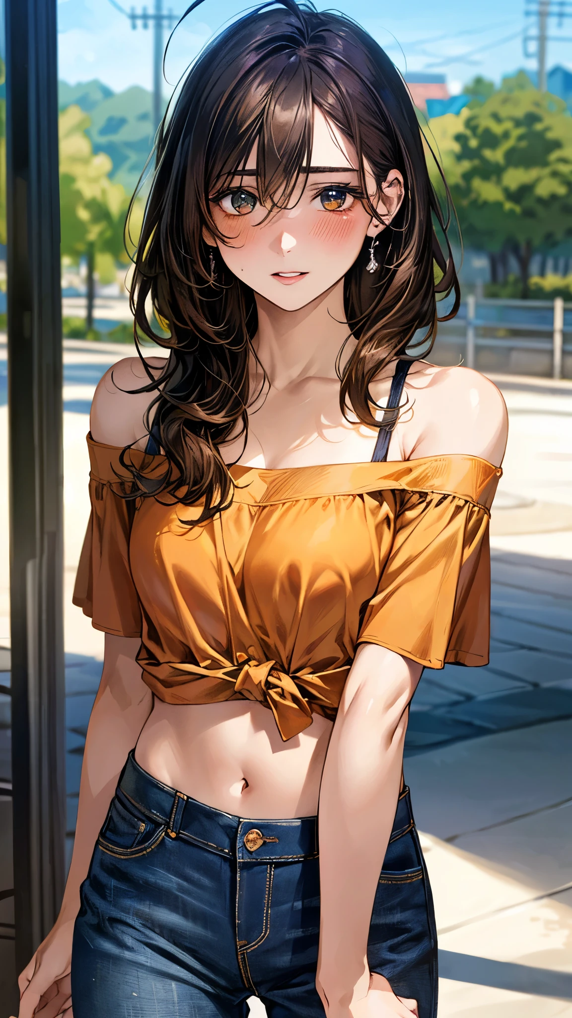 (masterpiece:1.2, top-quality), (realistic, photorealistic:1.4), beautiful illustration, (natural side lighting, movie lighting),
looking at viewer, cowboy shot, front view, 1 girl, japanese, high school girl, perfect face, cute and symmetrical face, skin tanned,
(middle hair:1.2, side ponytail:1.2, blond hair), waved hair, blunt bangs, gold eyes, (large breasts:0.6, seductive thighs, big ass), piercings,
beautiful hair, beautiful face, beautiful detailed eyes, beautiful clavicle, beautiful body, beautiful chest, beautiful thigh, beautiful legs, beautiful fingers,
((long sleeve white collared shirts, black tube top, black pleated mini skirt)),
(beautiful scenery), evening, riverside, walking, (lovely smile, upper eyes),