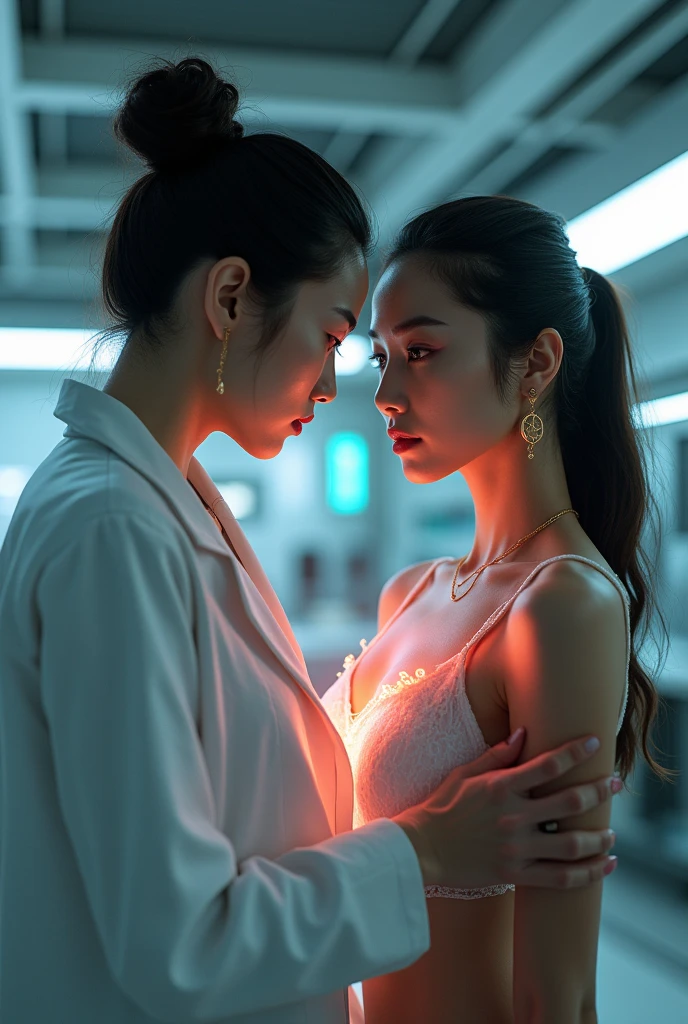 A sexy japanese scientist shoots a sexy white girl in the chest with a laser gun from a few feet away