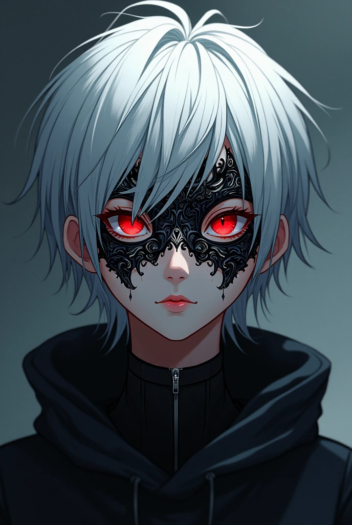 20 year old 2D anime with a mask, white hair, and red eyes