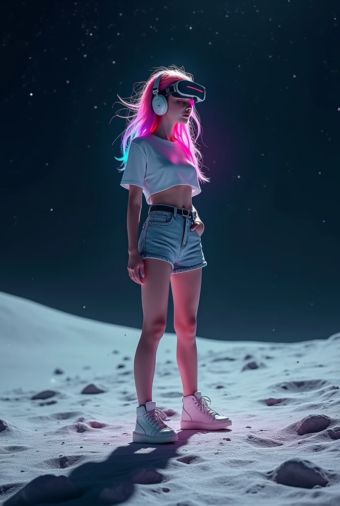 A realistic depiction of a woman in shorts and a small t-shirt standing on the moon with a space background, stars and planets. multicolored hair, goggles, headphones, eyes closed, eyes closed, Futurism, glowing light, sparkle, chromatic aberration abuse, atmospheric perspective, UHD, retina, high quality, highres, 16k