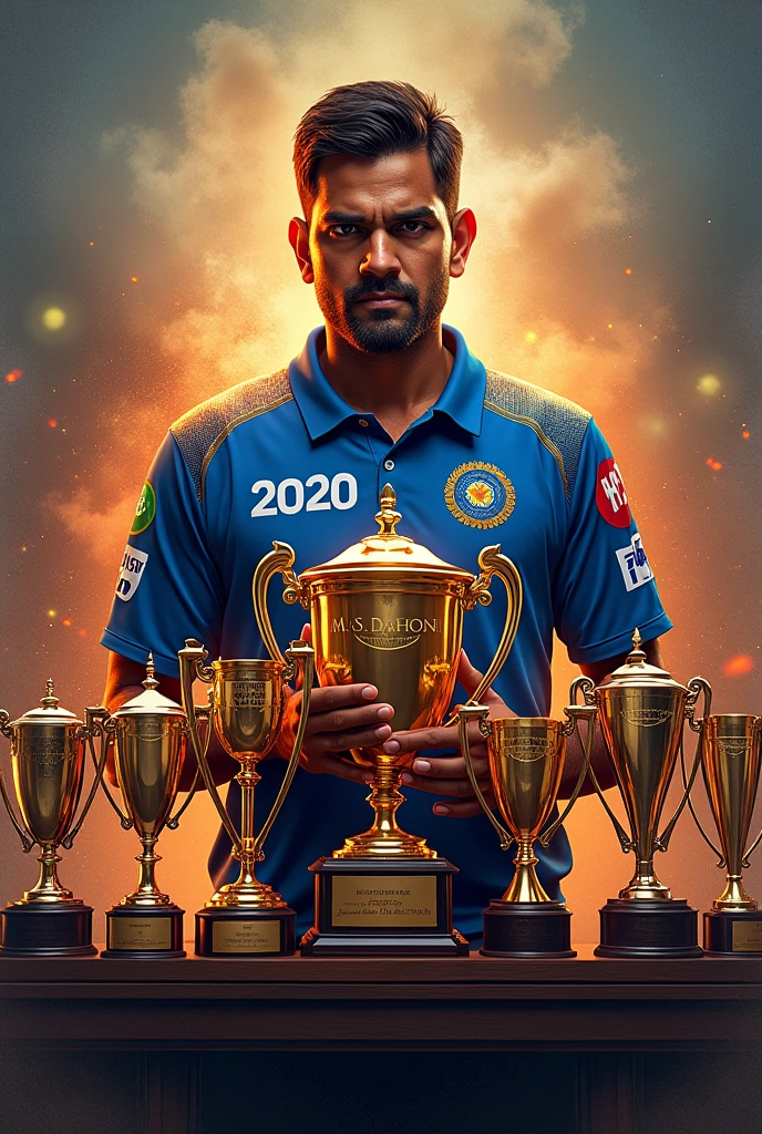 I have created a song for dhoni give me a background photo for it which his all 5 ipl cups and 3 icc cups
