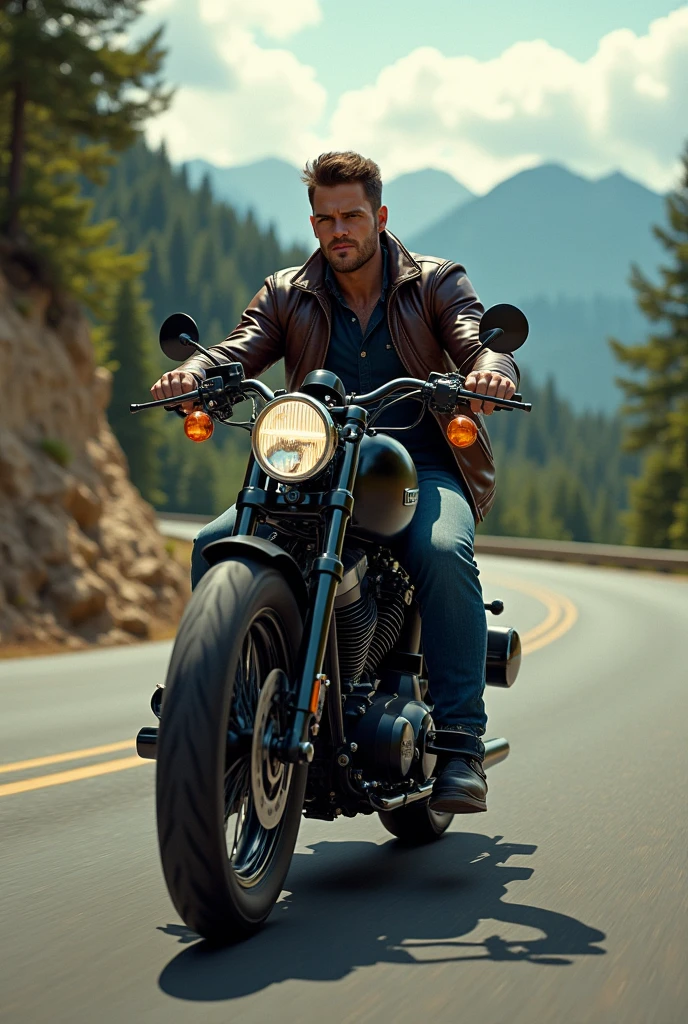 Harley Davidson Sportster, sexy male biker, Winding road