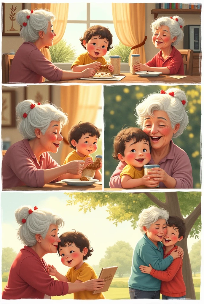 Title: My grandmother, My Superhero
Page 1:
* Panel 1: Un niño pequeño mira con admiración a su grandmother mientras ella le prepara su comida favorita.
* Text: "since childhood, siempre admiré a mi grandmother."
Page 2:
* Panel 1: La grandmother cuenta un cuento al niño, gesturing enthusiastically.
* Panel 2: the boy, with wide open eyes, listen carefully.
* Text: "Her stories transported me to magical worlds."
Page 3:
* Panel 1: La grandmother enseña al niño a hacer galletas.
* Panel 2: Both laugh as the cookies bake.
* Text: "She taught me how to cook, to be patient and to enjoy the little things."
Page 4:
* Panel 1: the boy ya es adolescente y se sienta con su grandmother en un parque.
* Panel 2: La grandmother lo abraza y le ofrece un consejo.
* Text: "She was always there to listen to me and give me the best advice."
Page 5:
* Panel 1: the boy, now an adult, sostiene la mano de su grandmother.
* Panel 2: Both look towards the horizon with a smile.
* Text: "Mi grandmother es mi superhéroe, my confidant and my best friend."
Last page:
* Una ilustración grande de la grandmother, with a superhero cape and a star symbol on his chest.
* Text: "thank you, grandmother, for being my inspiration."