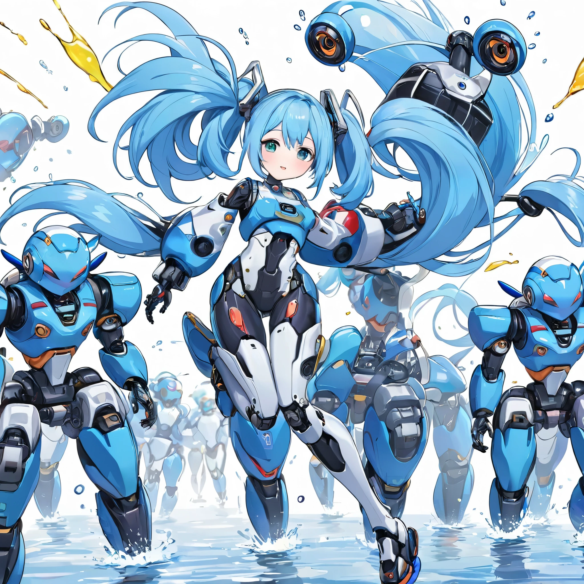 Light blue long hair、Beautiful twin-tailed、There are many small robots lined up.、Robot Manufacturing Institute、The robots all start running.、Splash Art