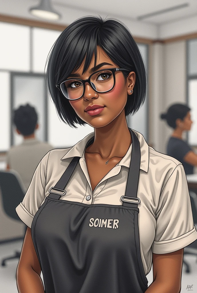 Brazilian drawing of a woman, a mother, 57 years old, tall, brown skin, short straight black hair.
Full lips.
Strong body.
Glasses.
Oval face.
At the beauty salon.
Wearing an apron with the name Rosana Dias.