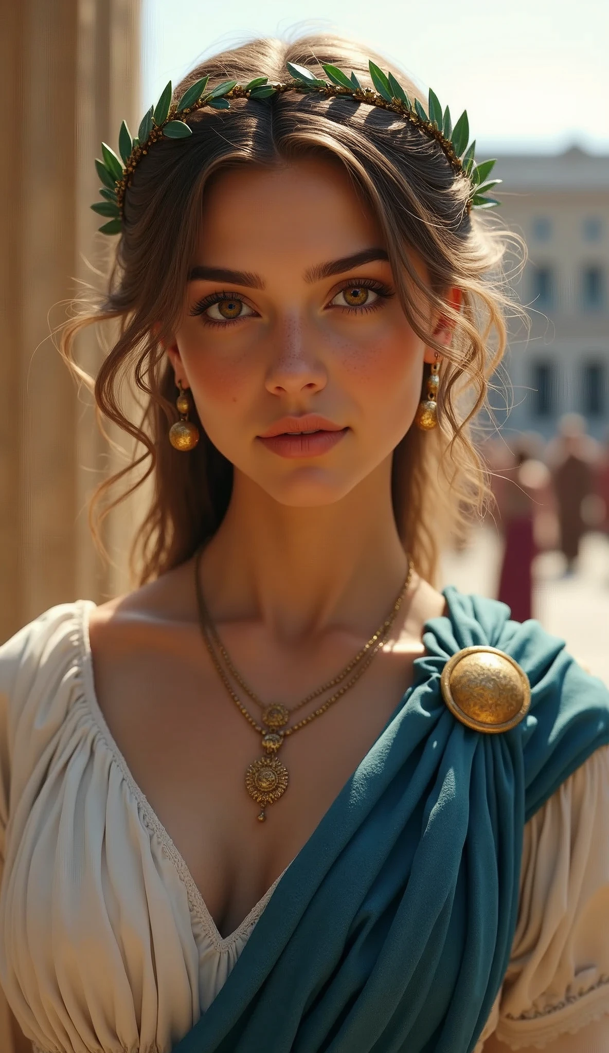 Front view, Full-body, looking at viewer, Empire of Roman girl, 1 girl is 18 age-old, Hers name Julia, BC 21 years marriage, (Light brown hair, middle hair , wince, brown eyes, beautiful lip, olive leaf tiara, gold earing and neckless, little smile), (big breasts, slender whist, wide hip) ,(wearing White an ancient Roman imperial elegant tunic:1.3), (Blue elegant Toga, fasten gold button :1.5), ((leather Sandal)), on street of Palace, in Roman, standing pose, noon, (textured skin , HI detailed skin, (foreshortening, Canon, 8k, anatomically correct, super detail, high details, highness)