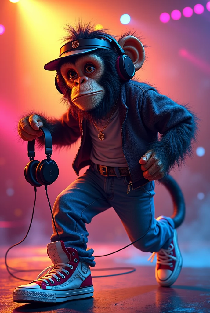 I am the most famous DJ of all time and I always carry my headphones and hurry up, I am a monkey and my clothes are very eighties and ,My tennis shoes are very special to me. It's a portrait with bright colors of the most famous musicians. , The message I want to convey is that music exists real very real , 48k usa kla regla dde los tercio