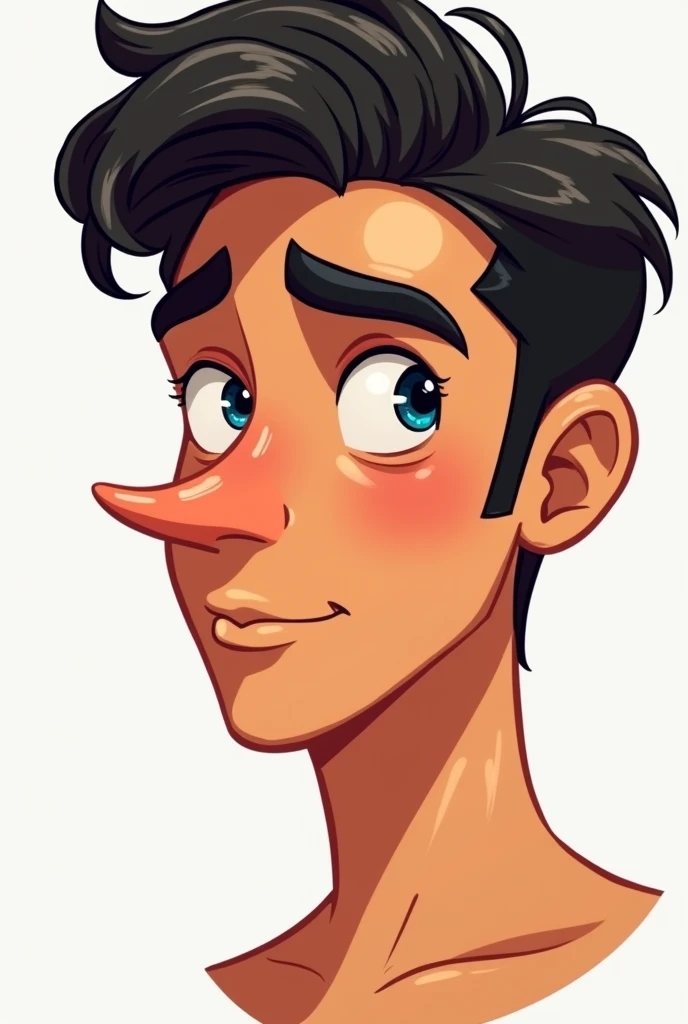 Alastor, male 25 years old, tall and slender. Oval face, fine nose and the bridge of the nose curved forward and long and pointed inwards Roman nose. skin tanned, wavy short dark hair. drawing various angles profile Alastor has a thin nose, slightly long and with a pronounced curve, similar to the Roman style. The tip is slightly prominent and well defined, giving a striking feature to your face. cartoon drawing