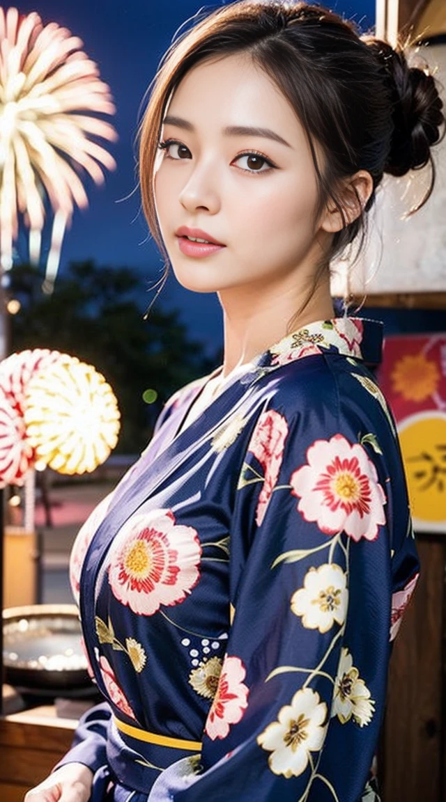 Dark brown hair、Light brown eyes、Japanese actress、 Lady、I am about 40 years old..、(Intricate details:1.2)、(Which is higher???:1.4)、 (Ultra-high resolution:1.2)、Ultra-high resolution、(Fine-tune)、(Detailed facial features)、Hmph、8k resolution、D cup size breasts、Long Hair、Hue、night、,Full body photo、firework、yukata、firework大会、日本のfirework、日本のyukata、band、Summer in Japan、Updo、