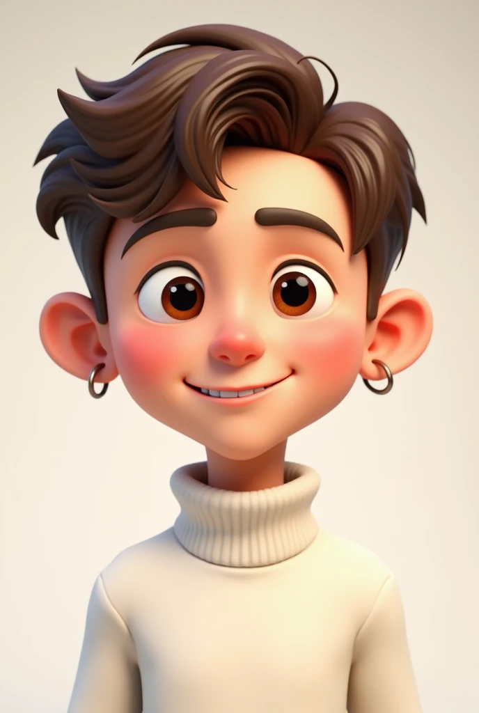 A young man , with short brown hair, small hoop earrings, friendly face, square face, and brown eyes, wearing white turtleneck. 3d cartoon.