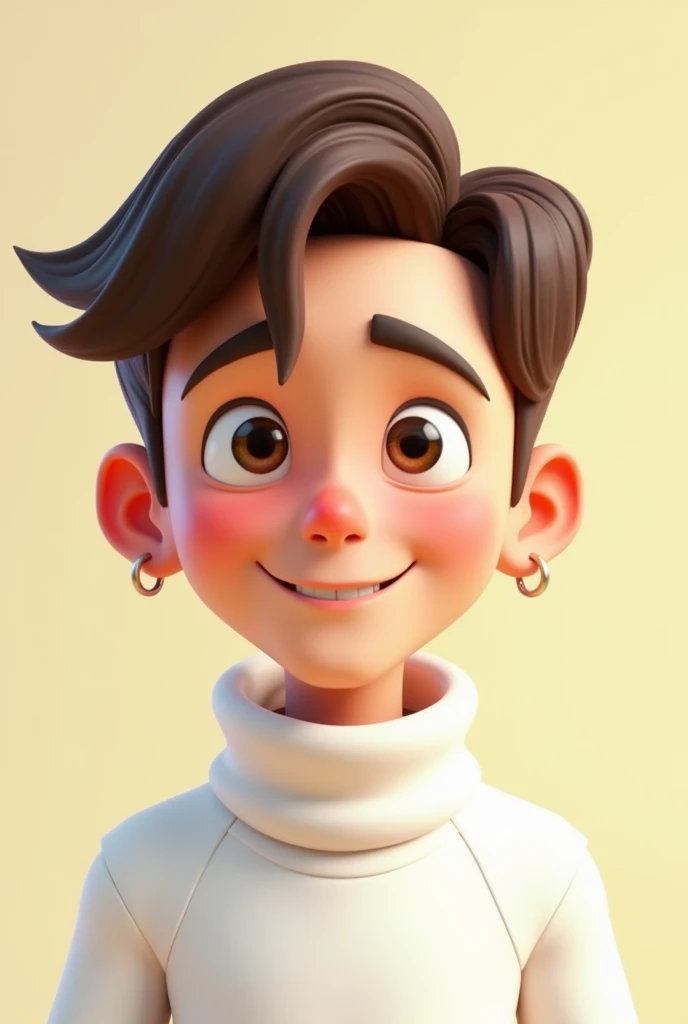 A young man , with short brown hair, small hoop earrings, friendly face, square face, and brown eyes, wearing white turtleneck. 3d cartoon.