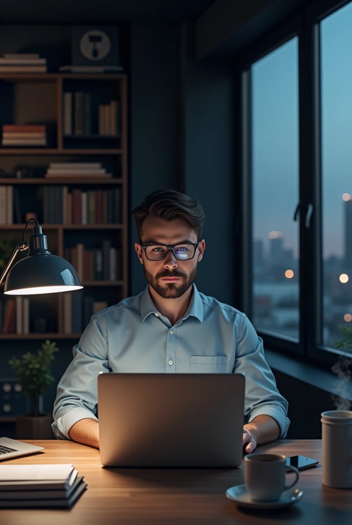 Create an image of a man sitting at a desk, focused on his computer. The scene should show a modern workspace with a sleek laptop, surrounded by coffee, notebooks, and a smartphone. The man is typing intensely, with a look of concentration, illuminated by soft, warm light from a desk lamp. The background can include subtle elements like bookshelves or a cityscape view through a window, giving a professional yet comfortable atmosphere."