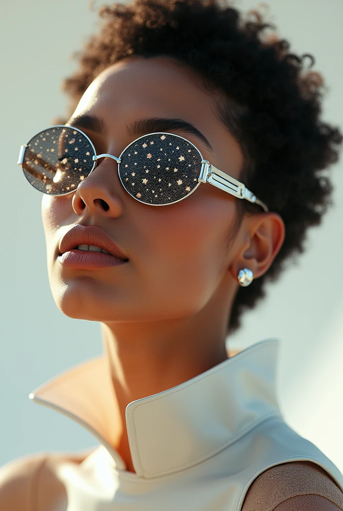 The model is wearing glass sunglasses with stars and the moon on the glass