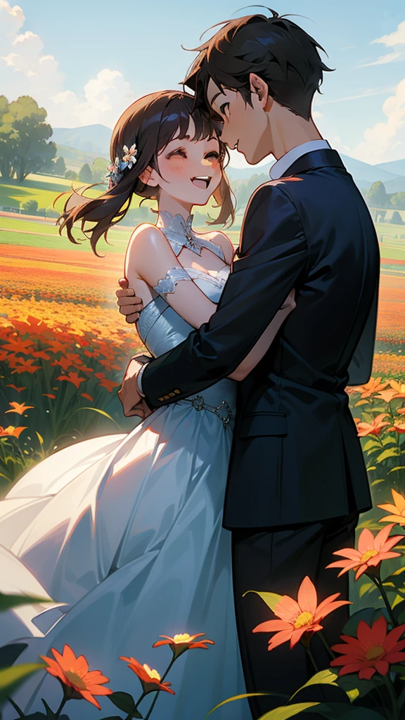 couple, 1girl, 1boy, hugging each other, smile, laugh, romantic atmosphere, behind the flower, flower field, blue sky, landscape