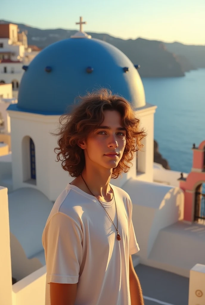 Santorini Island Blue building Light-skinned male ager Long hair, loose curls, sunlight with details
INFO