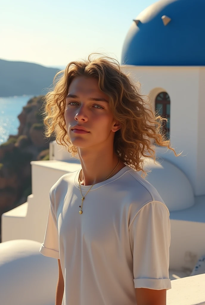 Santorini Island Blue building Light-skinned male teenager Long hair, loose curls, sunlight with details
INFO
