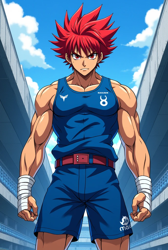 20 year old man, rough appearance, masculine, muscular, MMA fighter, short shaved tousled blue hair, green eyes, wide eyebrows, Whole body, tight blue compression shorts, shirtless, MMA gloves, anime style.