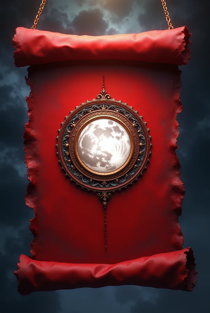 Open red parchment with a white moon seal in the middle
