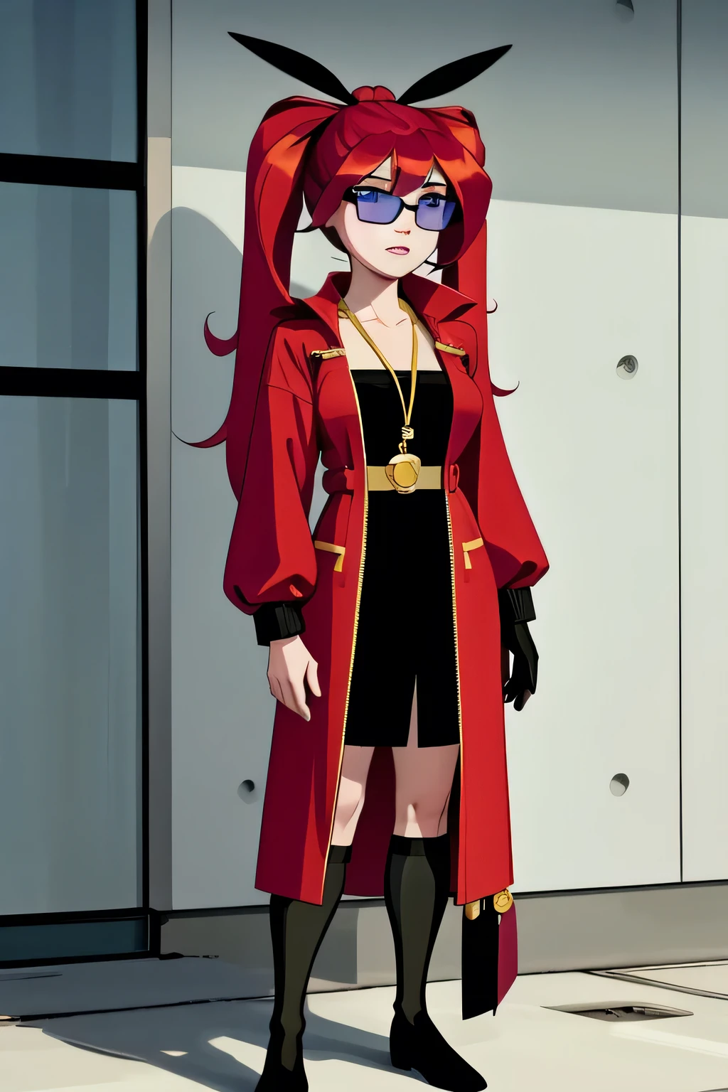 anime style, A highly detailed and realistic 3D model of a young woman standing confidently in front of an orange wall. She has red hair styled in two ponytails and blue eyes.. She wears a red jacket over a black dress., black gloves, and white socks up to the thighs. She has a pair of sunglasses resting on her head.. The model should include subtle movements in her hair and the fabric of her jacket., As if a gentle breeze were passing by. The scene takes place on a concrete surface with shadows cast on the ground., providing a realistic urban environment. The background should be simple and interior with neutral colors.. The model should be photorealistic and highly detailed., showing the character's elegant and modern look. Make sure the model captures her confident stance and natural proportions., with special attention to the detailed outfit and accessories, full body, model sheet, character design sheet,