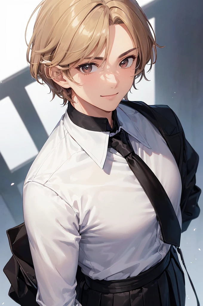 (((masterpiece; best quality: 1.2))), (finely detailed eyes: 1.3), ((1 male )), ((solo)), (brown eyes: 1.4), (body shape; lean, masculine, manly: 1.3), (very short blond hair: 1.3), (clear background: 1.2), ((depth of field)), (equipment: school uniform + black jacket + black necktie + white shirt: 1.3), (anime illustration: 1.2), (background composition; japanese classroom + day: 1.1), (extremely handsome: 1.1), (shot composition; standing + centered on face + bust close-up: 1.5), (facial expression; calm + smile: 1.2)