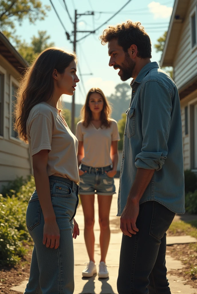 a woman fighting with a man and another trying to calm them both down and a woman further back, all in front of a house during the day. everyone exhausted.
