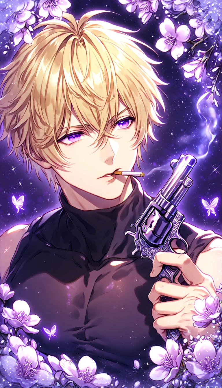 absurdres, highres, ultra detailed, HDR, master piece, best quality, extremely detailed, Genjou Sanzo, blonde hair, expressive purple eyes, Saiyuki Reload, solo, sexy man, handsome, sensual, manly man, black tight turtleneck shirt, sleeveless, smoking, holding a revolver, fantasy, magical, shining, purple flowers, blossoms, water, purple petals, purple butterflies, sparkling, purple moon, starry sky