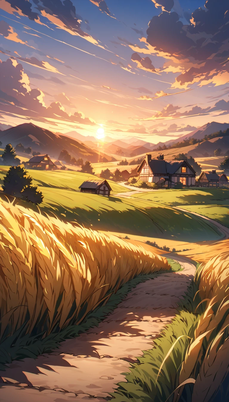 Peaceful countryside sunset:
• A peaceful scene,Rolling hills covered with golden wheat fields,Sunset, Casting a long shadow,Bathing the entire landscape in warm sunlight, Orange light. A small, Winding dirt road leads to a cozy farmhouse,Smoke rises gently from the chimney. The sky is dotted with a few clouds, A gentle breeze blows across the fields. The cinematic style captures the essence of a quiet evening in the countryside.