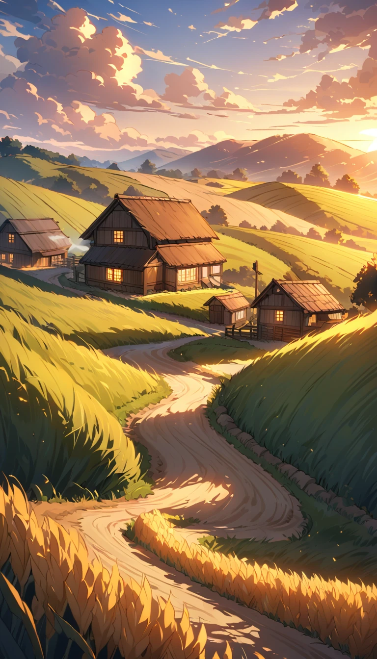 Peaceful countryside sunset:
• A peaceful scene,Rolling hills covered with golden wheat fields,Sunset, Casting a long shadow,Bathing the entire landscape in warm sunlight, Orange light. A small, Winding dirt road leads to a cozy farmhouse,Smoke rises gently from the chimney. The sky is dotted with a few clouds, A gentle breeze blows across the fields. The cinematic style captures the essence of a quiet evening in the countryside.