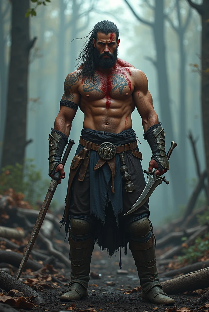 sexy warrior, Battle Equipment, in a gloomy environment, devastated forest, ultra realisitic, 8k, skin and face with very detailed blood