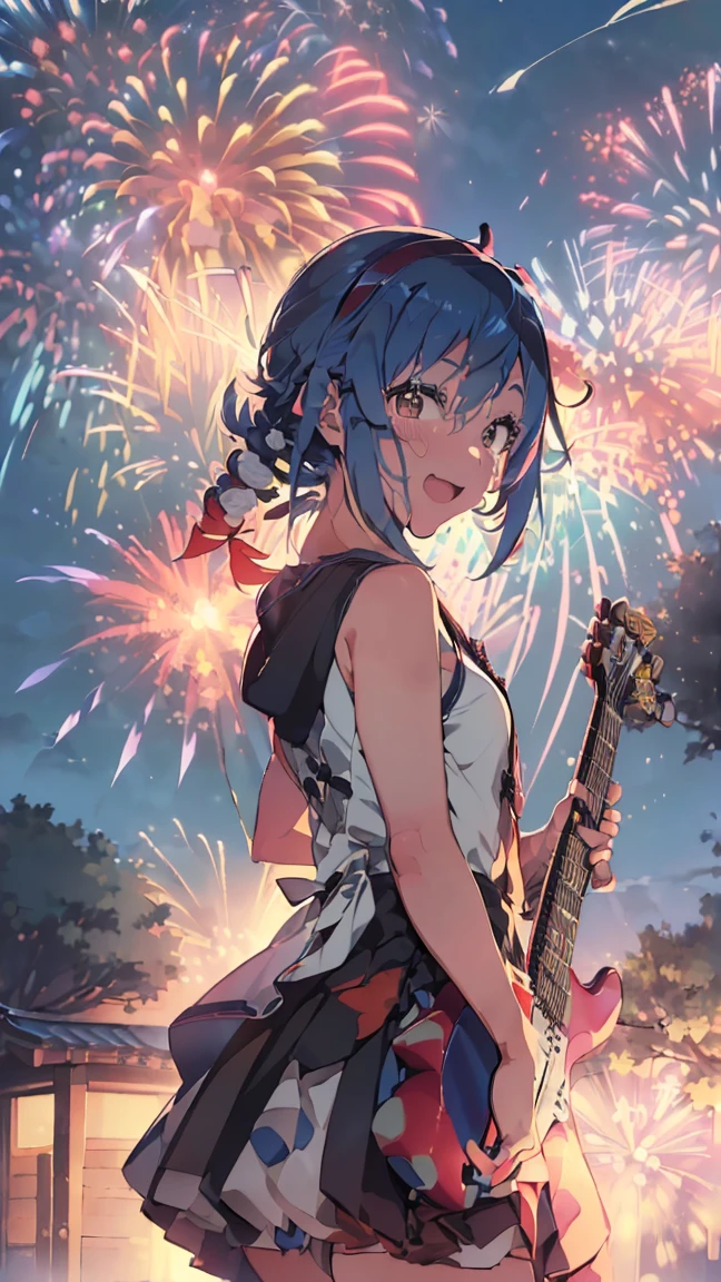 Outdoor, (((Electric guitar)), (((firework)))masterpiece, Highest quality, High resolution, Very detailed,(((Mikoto Naruhana with a guitar))), (((Outdoor)))、(((Laughing out loud。)))、(((Standing in the distance))), (((Facing forward。))), night, (((firework))), (((night空))), (((Electric guitar)))