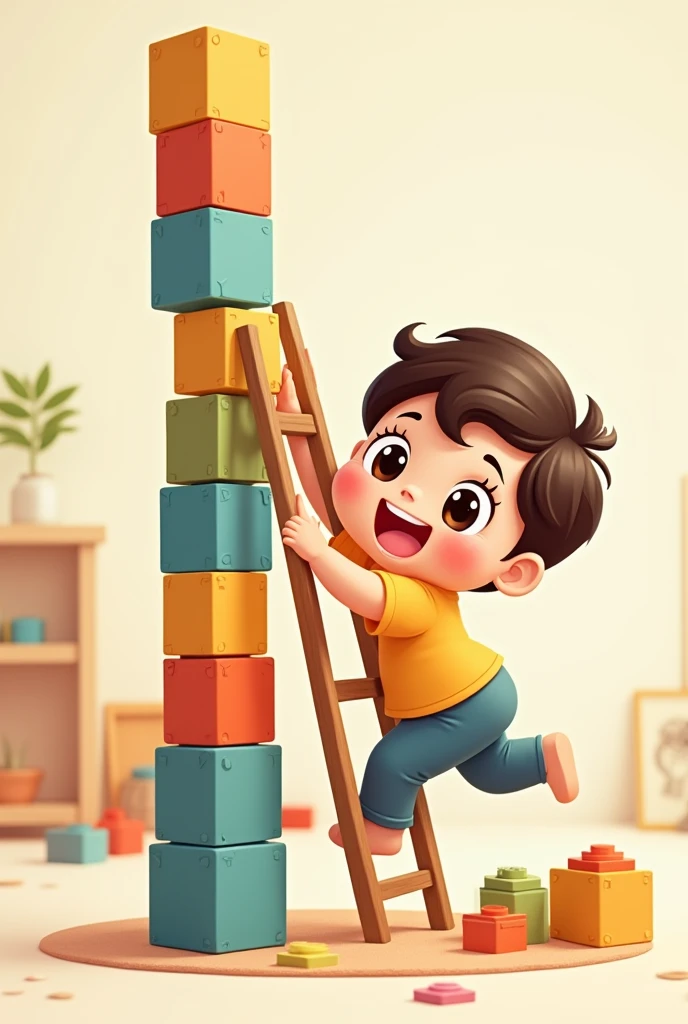 Create a cartoon of a happy and cute child who is building a ladder with blocks with his hands and climbing at the same time to reach the top. 
