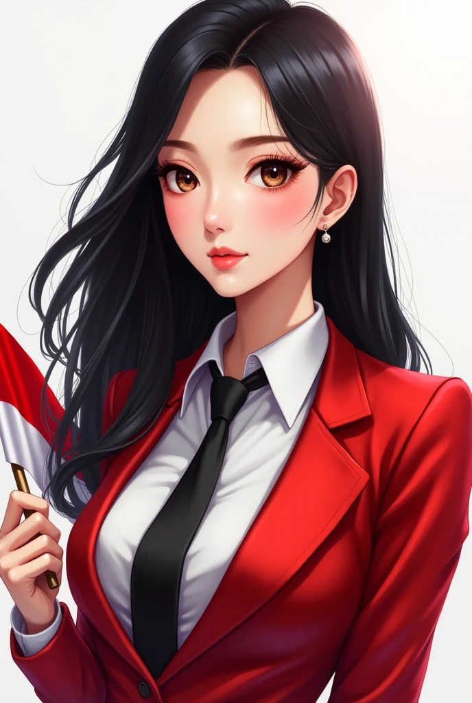 Portrait, Beauty Woman, Long Hair, Black Hair, Hold Indonesian Flag, Shirt, Focus Camera, Earring, Blazer Red, Tie, White Background