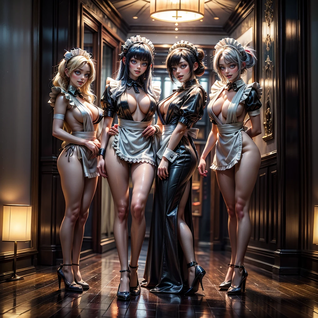 (Full Body of Extremely Detailed((Sexy Maid Group in a row:1.37))), KAWAII perfect face, Reflective Eyes, Detailed(Delicate Clothing textures), Correct Leg Line, Dynamic Joyful Expressions LifeLike Rendering, Specular Reflection, TopQuality 8K Ultra-detailed masterpiece (ProfessionalPhoto:1.37), (Acutance:0.8), (Luminism:1.28), (Renaissance art style), Colorful Light particles, ((Full body from side)), {Kissing|Thigh Gap|AssFocus|(NakedApron with Overflowing SideBoob)}, Radiant Fine Skin with Transparency, (Exposed:0.4), (Different types of Anime hair color){Pink Hair|Blue Hair|Platinum Blonde|Pure White Hair|Liquid Hair}, Perfect Lighting 