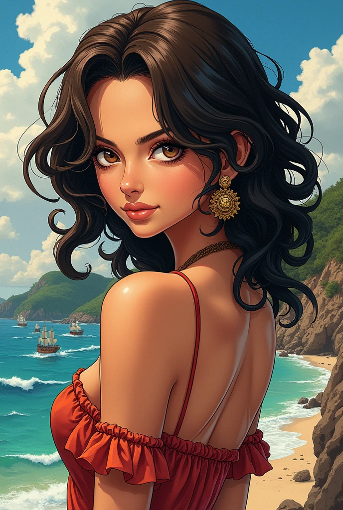a brunette woman with curly hair, Arabic and Latin, tanned with brown eyes/noirs, dans l’anime one piece