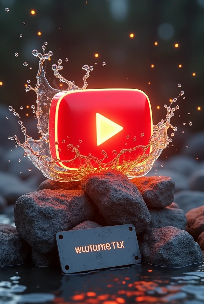 a 3D Youtube logo with a golden glow, surrounded by water splash effects. the logo is placed on top of a realistic looking pile of rocks, and below the logo is a metal plate with the text "bsbfotoscapital" embossed on it. no background