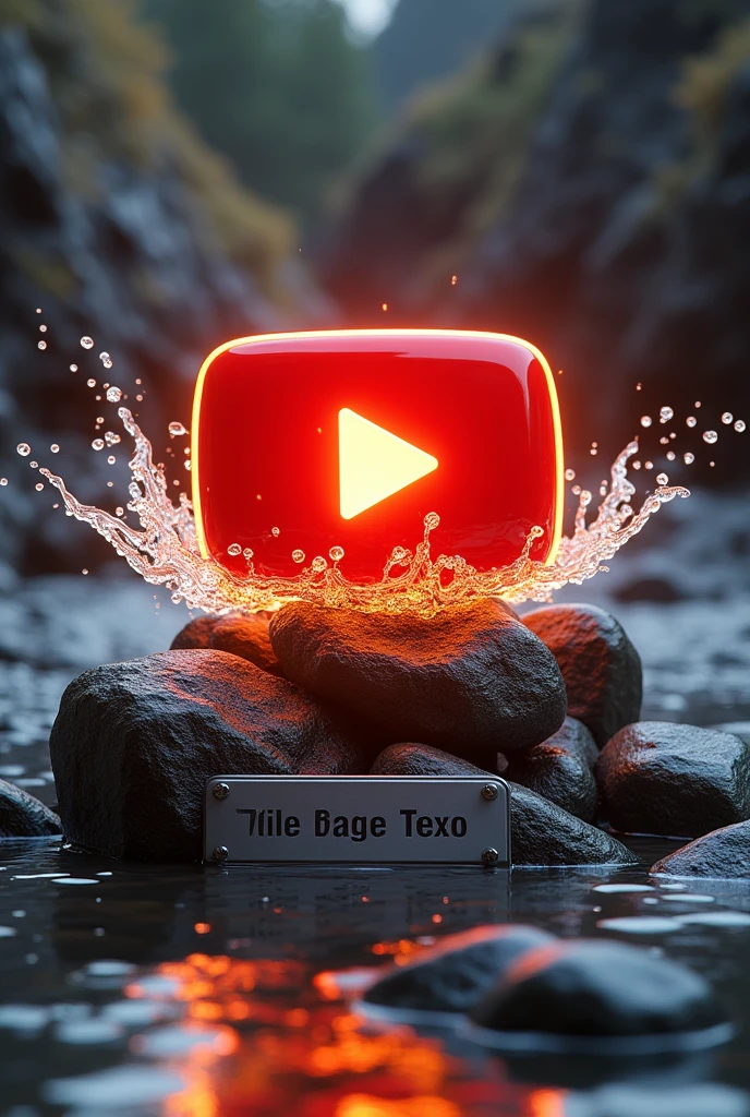 a 3D Youtube logo with a golden glow, surrounded by water splash effects. the logo is placed on top of a realistic looking pile of rocks, and below the logo is a metal plate with the text "bsbfotoscapital" embossed on it. no background