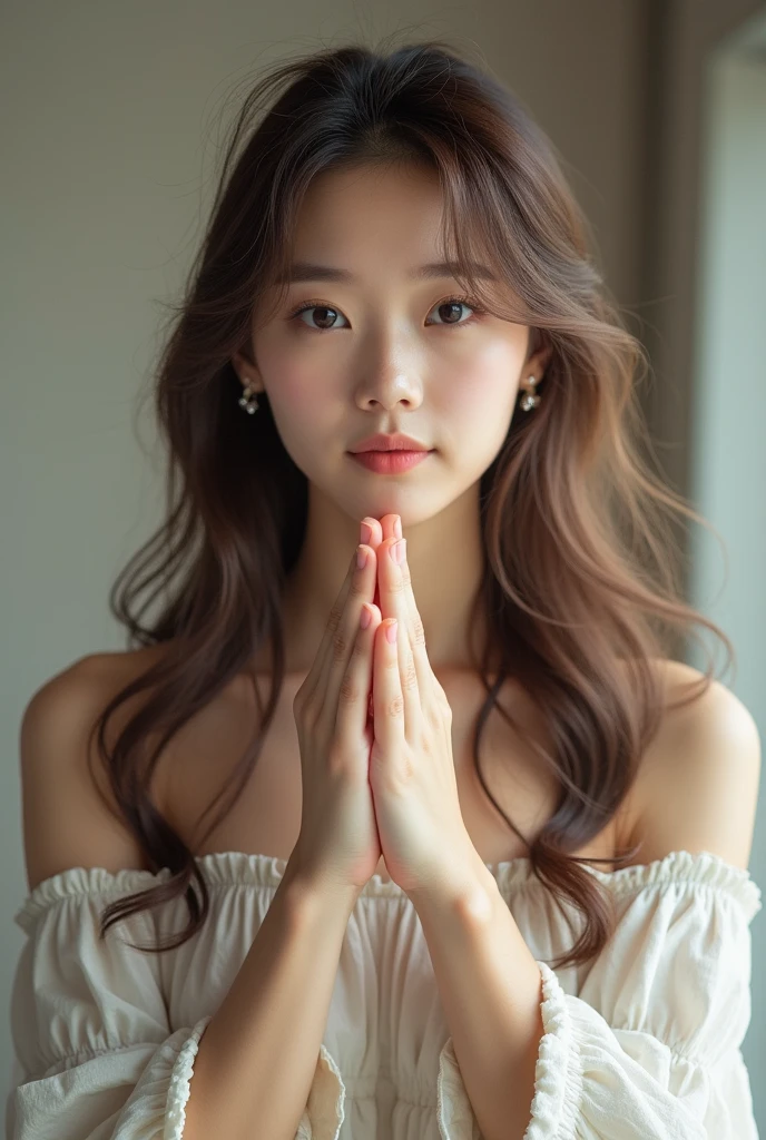 Highest quality、Portrait、Reality、live-action、Show me both of your palms.、Japanese、18-year-old、(Hostess)、Brown Hair、(slender:1.2)、