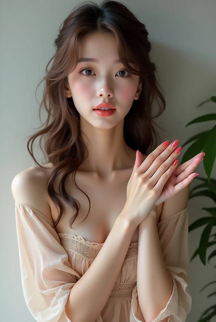 1girl in、Colossal tits、fullnude、pantiy、full body Esbian、hide the chest with your hands、Hide the nipples with your hands、Shy laughter、blushed face、embarrassed from、