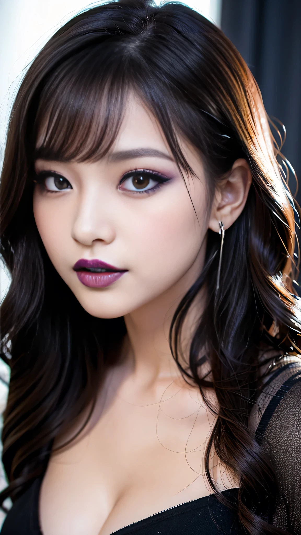 best quality、ultra-detailed、8k、Japanese、Seductive beauty、seductive adult woman、Pretty Woman、cool girl、smirk、Wicked Smile、Villainess、brainwash makeup、brainwash、Fallen into evil、Evil look、evil、Brown hair、wavy hair、swept bangs、dark makeup、piercing eyes、hollow eyes,half-closed eyes、Hollow Eyes、purple Eyeshadow、black lipstick、black lipglos、Purple Eyeshadow、black lipstick、black lip gloss、Dark Makeup、black dress、pantyhose、beautiful legs、Whisper in my ear、night、inside darkroom、Kiss、I have lipstick、Are standing、Look、Offer、shoot from below