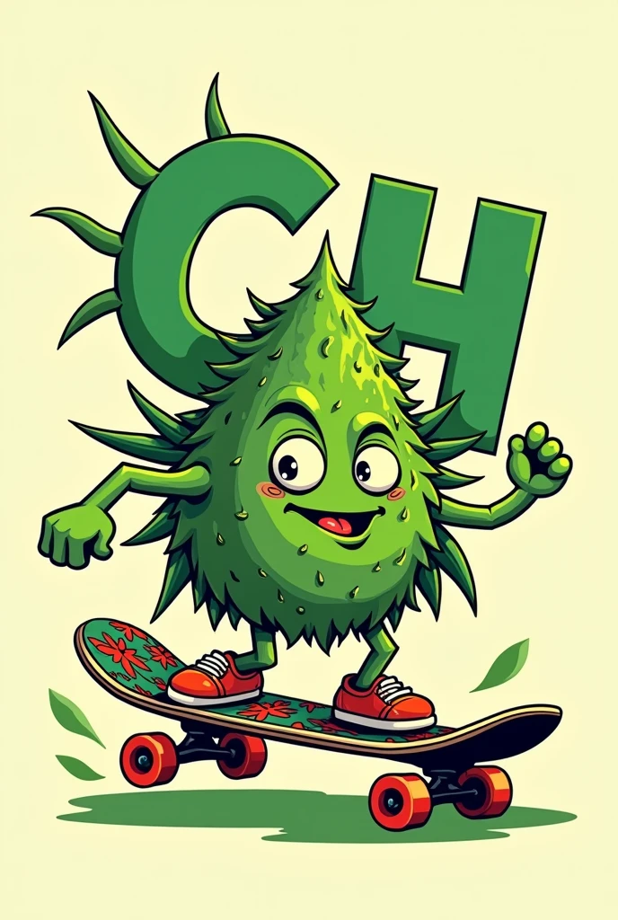 Can you create a marijuana weed on a skateboard with the letters CH in cartoon style? 