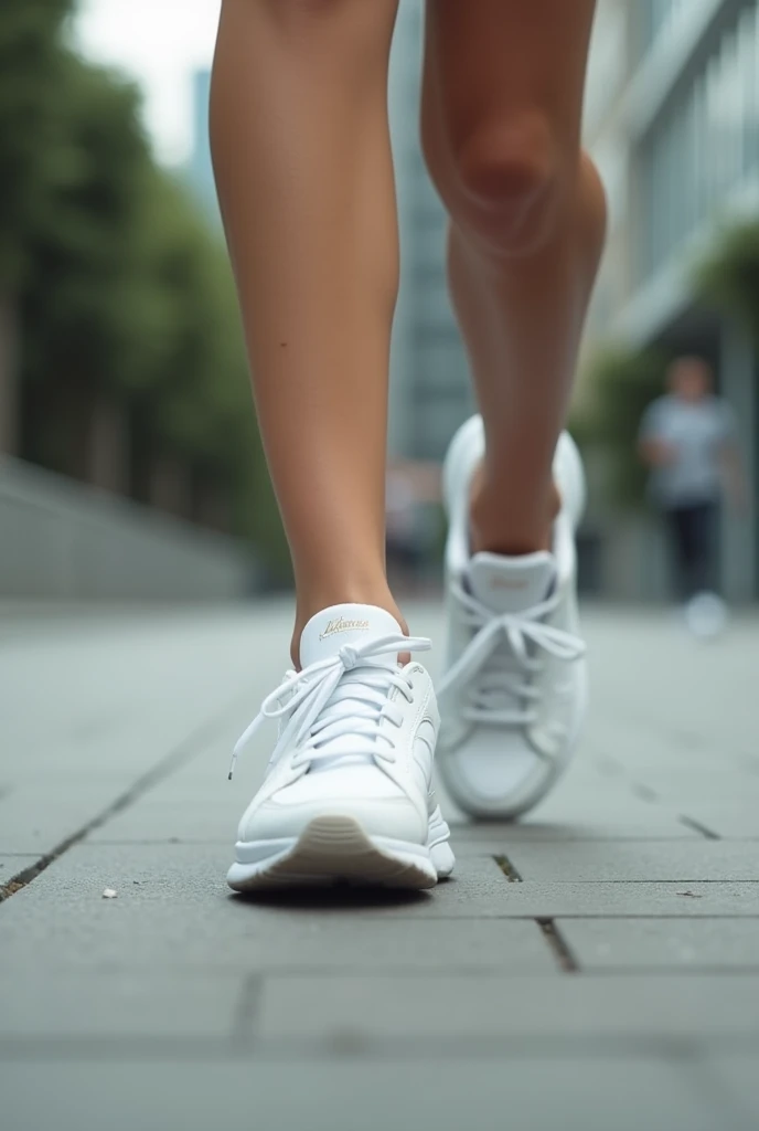 video of a woman's legs and feet in white tennis shoes, walking on the pavement