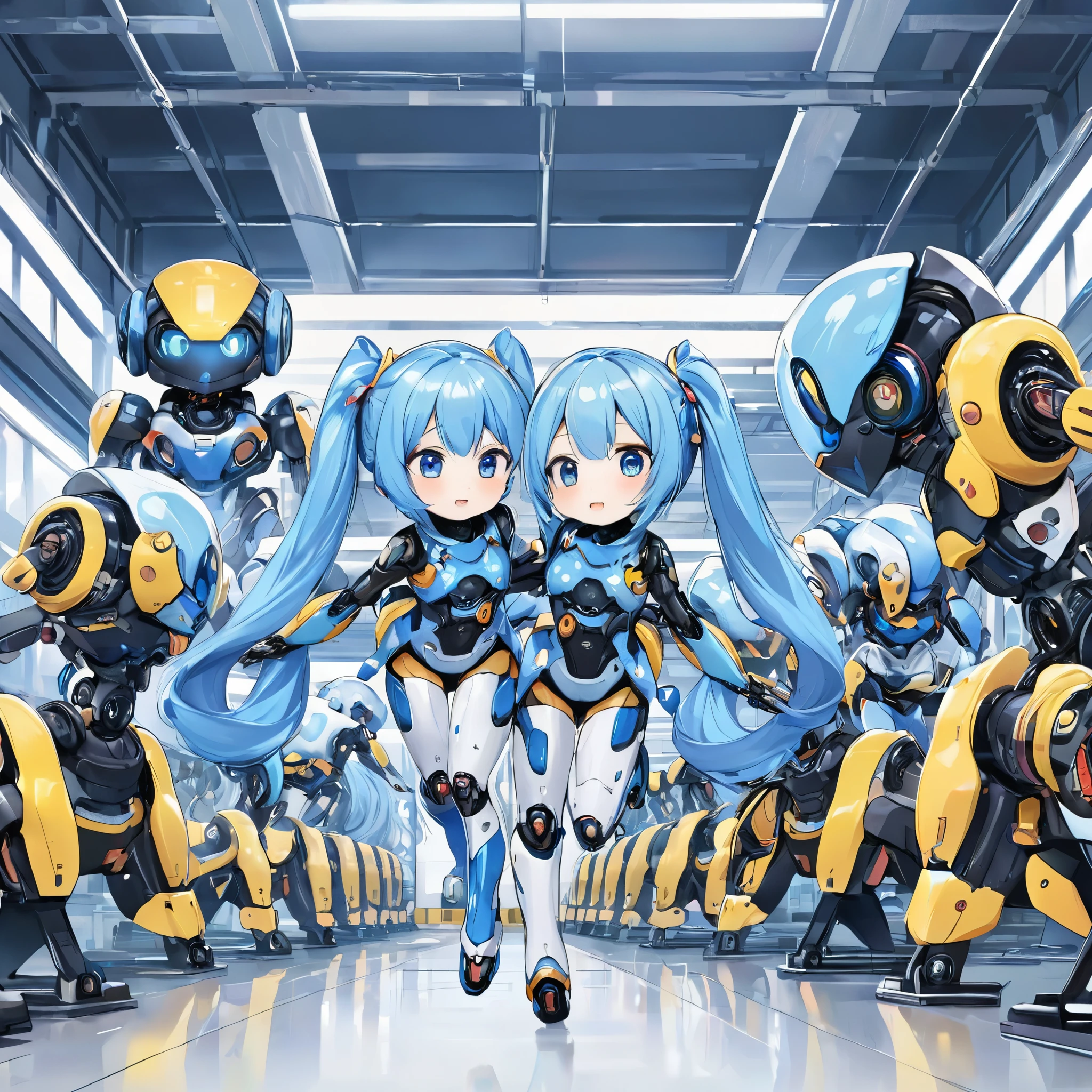 Light blue long hair、Beautiful twin-tailed、There are many small robots lined up.、Robot Manufacturing Institute、The robots all start running.、Splash Art