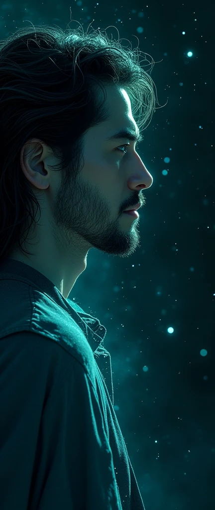 A teal starlight formed realistic profile of a handsome man, longish hair, background black 4k UHD resolution, masterpiece, poakl, more detail, enhanced.  trending on artstation. Highly detailed. Cinematic, cinematic lighting, rendered by octane, 8k, unreal  teal starlight formed realistic profile of a handsome man, longish hair, background black 4k UHD resolution, masterpiece, poakl, more detail, enhanced.  Japanese digital painting, highly detailed, fine detail, studio ghibli, Ilya Kuvshinov, Lois Van Baarle, Arthur Rackham, trending on artstation,