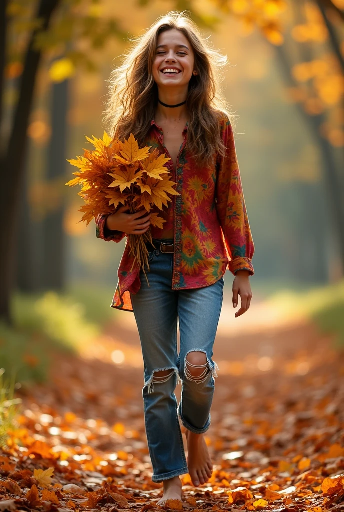 a young cheerful hippie, long-haired, freckled, in a long colorful shirt, torn jeans and barefoot, with an armful of autumn leaves in his hands, in an autumn park, very realistic, cinematic light, a shot from a blockbuster