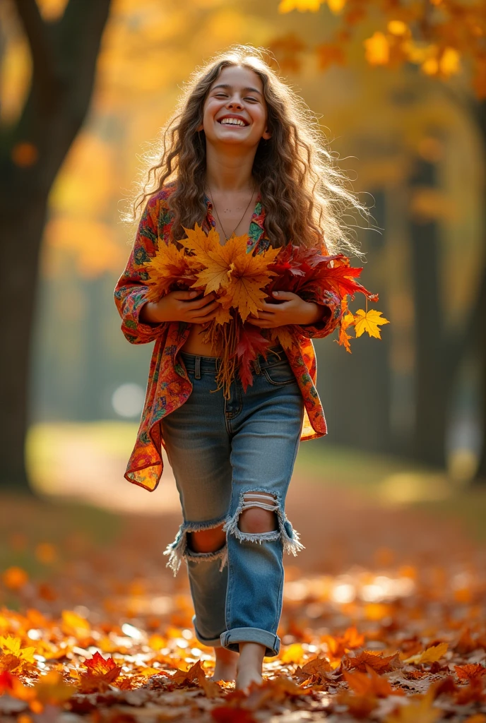 a young cheerful hippie, long-haired, freckled, in a long colorful shirt, torn jeans and barefoot, with an armful of autumn leaves in his hands, in an autumn park, very realistic, cinematic light, a shot from a blockbuster