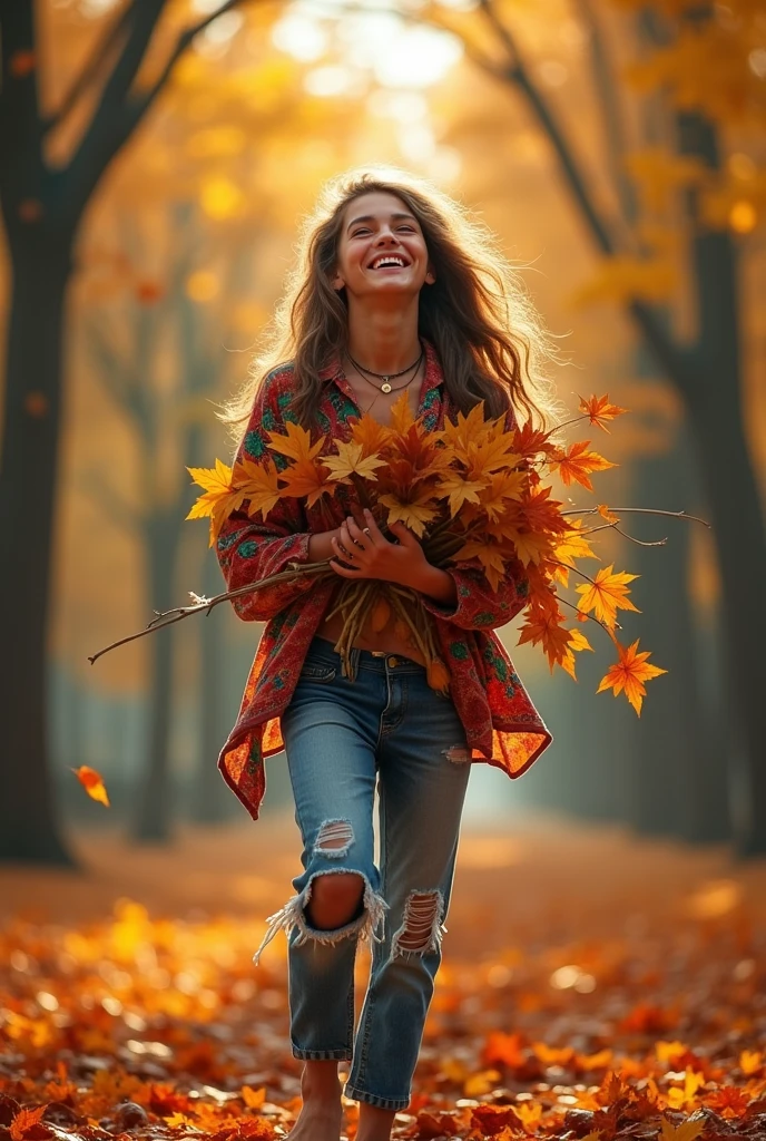 a young cheerful hippie, long-haired, freckled, in a long colorful shirt, torn jeans and barefoot, with an armful of autumn leaves in his hands, in an autumn park, very realistic, cinematic light, a shot from a blockbuster