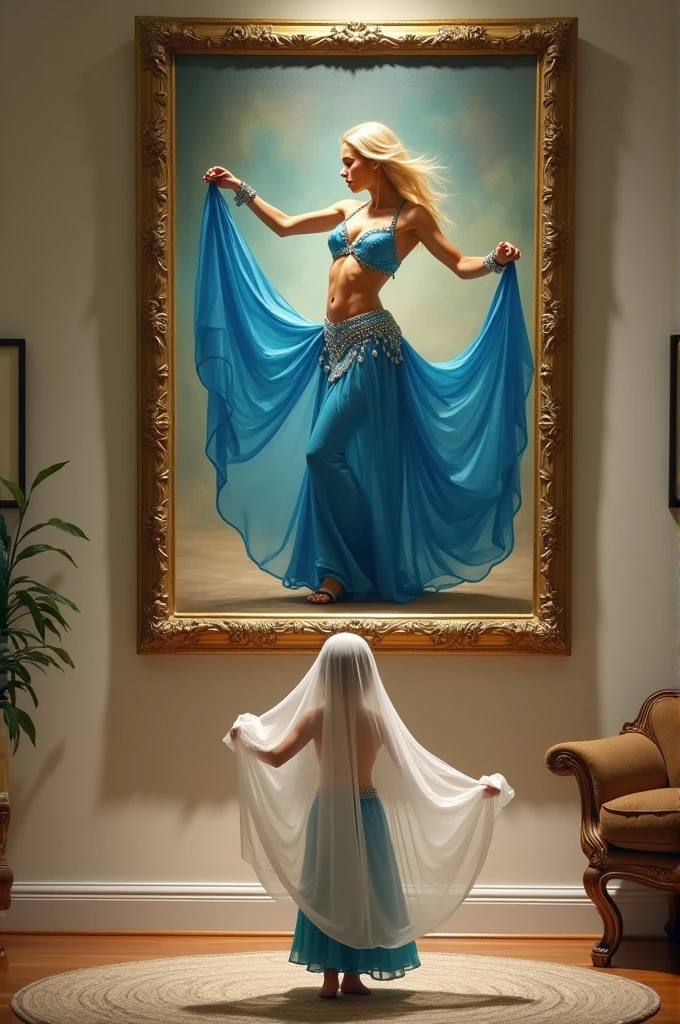  "Art imitates life  "A picture on the wall with a golden frame of a blonde belly dancer in blue clothing, with a white and blue veil in hand ,and in front of the painting a child looking at the painting making the same pose as the belly dancer also with a veil in hand imitating the photo with the angle facing the painting 
